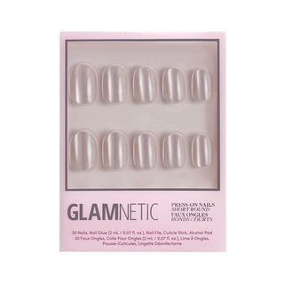 Glamnetic Press-On Nails Short Round - Pure Intentions
Glamnetic press-on nails packaging with white nails on a pink background