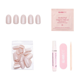 Glamnetic Press-On Nails Short Round - Pure Intentions
Glametic nail care products including nail forms, alcohol pad, and other items on a white background