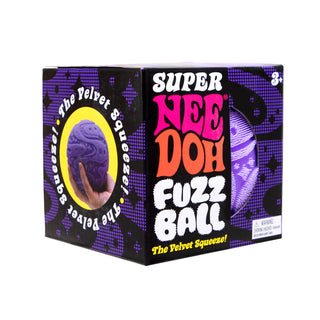 Purple Nee Doh Super Fuzz Ball
Box of Super Nee Doh Fuzz Ball with colorful text and graphics on a white background