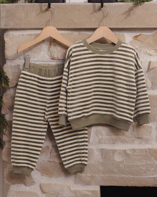 Quincy Mae velour relaxed sweatshirt and sweatpants set in spruce stripe, cozy outfit for kids, casual and comfortable wear.