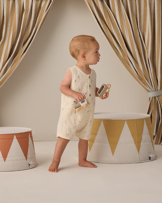 Quincy Mae Jack Romper in space print, a one-piece baby outfit featuring soft fabric and playful design.
