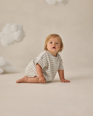 Quincy Mae Waffle Tee and shorts set in Sky Stripe, toddler outfit with soft waffle fabric and colorful striped pattern.