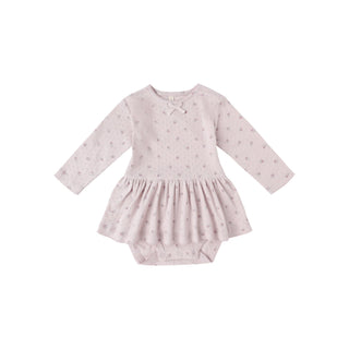 Quincy Mae Pointelle Skirted Bodysuit - Lilac
Pink baby dress with long sleeves on a white background