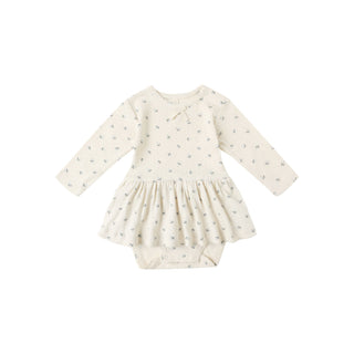 Quincy Mae Pointelle Skirted Bodysuit - Blue Ditsy
White baby dress with long sleeves on a white background