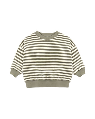 Quincy Mae velour relaxed sweatshirt and sweatpant set in spruce stripe, cozy and stylish outfit for kids.