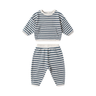 Quincy Mae Waffle Slouch Set - Ocean Stripe
Striped baby outfit with top and pants on a white background