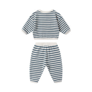 Quincy Mae Waffle Slouch Set - Ocean Stripe
Striped baby outfit with top and pants on a white background