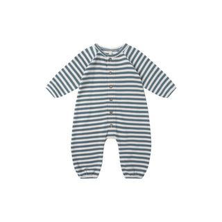 Quincy Mae Waffle Long Sleeve Jumpsuit - Ocean Stripe
Striped baby onesie on a white background
