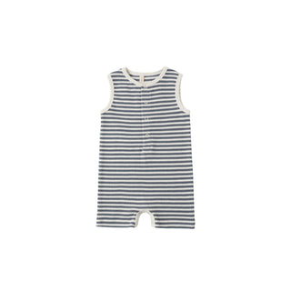 Quincy Mae ribbed henley romper in ocean stripe, one-piece baby outfit with long sleeves and button-up front, soft and comfortable.
