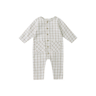Quincy Mae Pocketed Woven Jumpsuit - Blue Plaid
Checkered baby romper on a white background