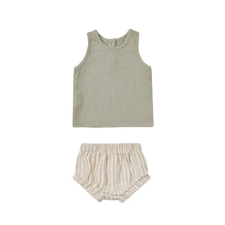 Quincy Mae Woven Tank + Short Set - Sage Stripe