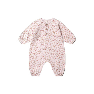 Quincy Mae Henley Bubble Jumpsuit - Garden
Floral patterned baby onesie on a white background