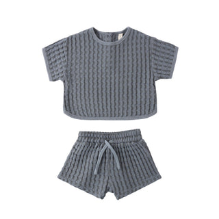 Quincy Mae Jayden outfit set in Ocean with soft fabric, featuring a top and pants for babies or toddlers.