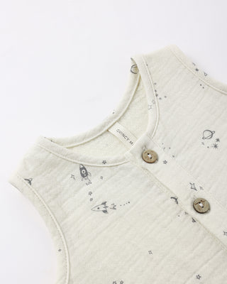 Quincy Mae Jack Romper in space print, a one-piece baby romper with long sleeves and snap closure, soft and comfortable for infants.