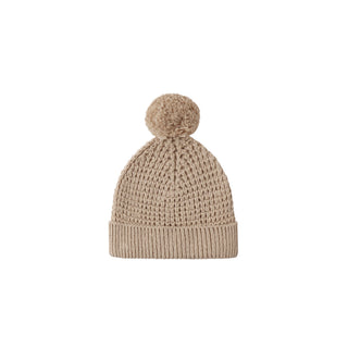 Quincy Mae Heathered Latte beanie in soft knit fabric, stylish and cozy headwear for infants and toddlers.
