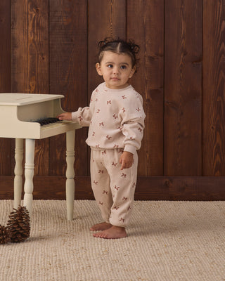 Quincy Mae red velour relaxed sweatshirt and sweatpants set with bow details, soft and comfortable for kids.