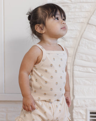 Quincy Mae Evie Tank and Shortie Set in Buttercup, a stylish 2-piece outfit for babies or toddlers, shown in a lifestyle scene.