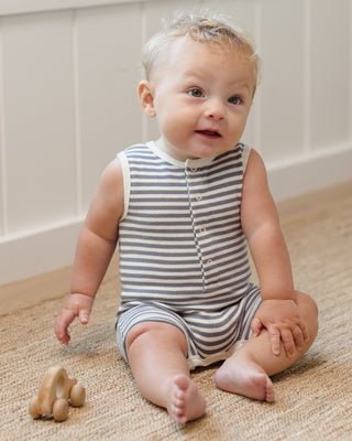 Baby girl Quincy Mae ribbed henley romper in ocean stripe, stylish one-piece with long sleeves and comfortable fit.