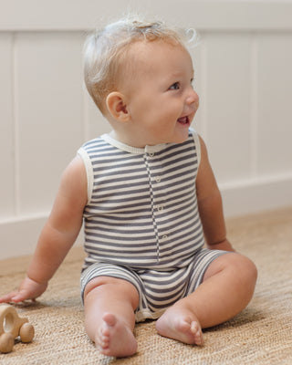 Quincy Mae ribbed henley romper in ocean stripe, one-piece baby outfit with long sleeves and button front, casual and comfortable.