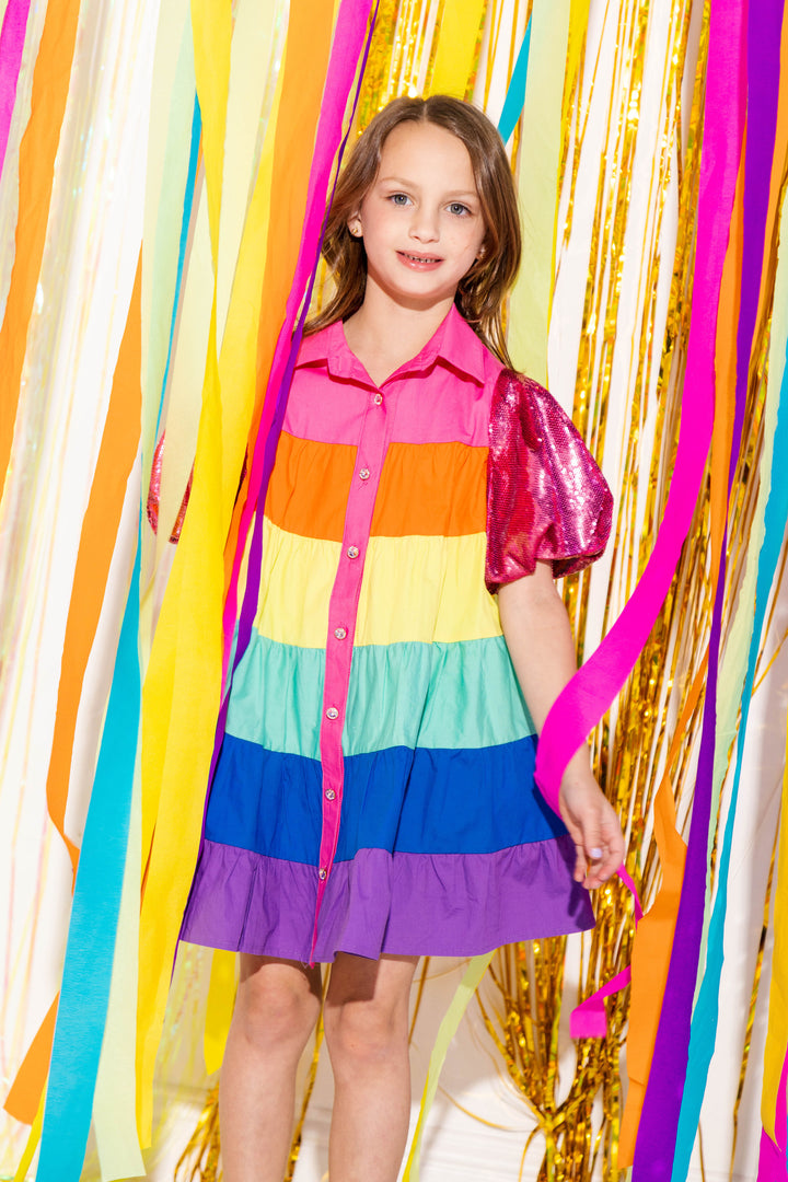 Queen of Sparkles Kids Sequin Sleeve Rainbow Tiered Dress - L (12) Queen of Sparkles Kids Sequin Sleeve Rainbow Tiered Dress - L (12)