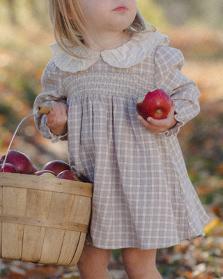 Blue gingham Quincy Mae Callie Dress for toddlers, featuring a cute, sleeveless design with ruffle details and bow accents.