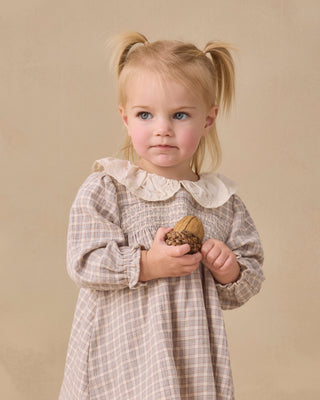Blue gingham Quincy Mae Callie Dress for girls, featuring a classic pattern and soft fabric, perfect for casual or special occasions.