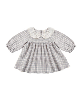 Blue gingham Quincy Mae Callie Dress for girls, featuring a classic, sweet design with ruffle details and soft fabric.