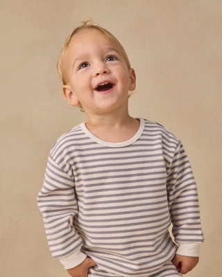 Quincy Mae Cozy Set in Slate Stripe featuring a soft, comfortable outfit for babies with stylish striped design.