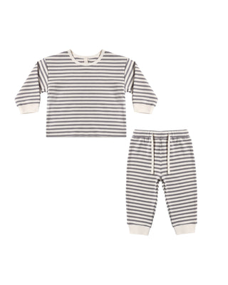 Quincy Mae cozy outfit set in slate stripe, featuring a comfortable top and matching bottoms for babies or toddlers.