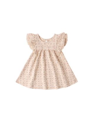 Quincy Mae Flutter Dress - Strawberries
Beige dress with ruffled sleeves on a white background