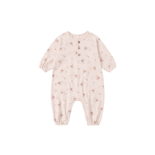 Quincy Mae Henley Bubble Jumpsuit - Swans
Baby onesie with floral pattern on a white background