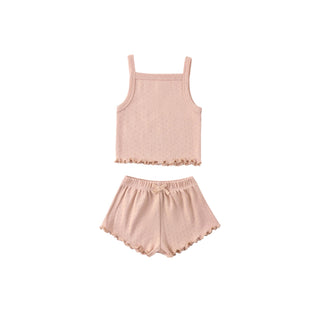 Quincy Mae Pointelle Tank + Shortie Set - Melon
Pink tank top and shorts set on a white background