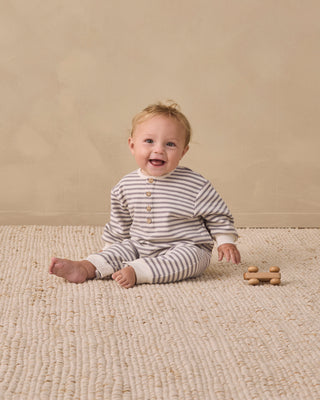 Quincy Mae relaxed slate stripe jumpsuit, one-piece outfit with comfortable fit and stylish design, displayed on a model.