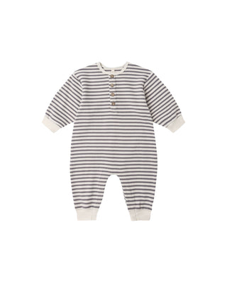 Quincy Mae relaxed slate stripe jumpsuit, one-piece with a comfortable fit and stylish design, shown on a model.