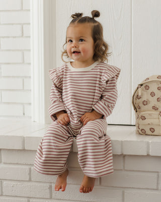 Quincy Mae Ruffle Cozy Set in Mulberry Stripe, a soft and cute outfit set for children featuring ruffle details and cozy fabric.
