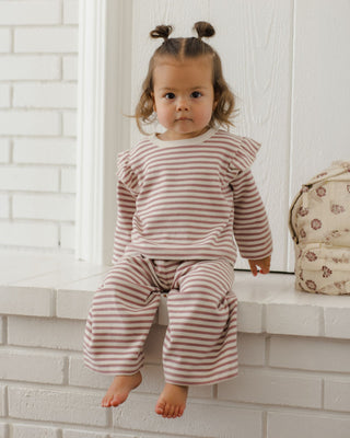 Quincy Mae Ruffle Cozy Set in Mulberry Stripe, a soft and stylish outfit set for children featuring ruffle details and cozy fabric.
