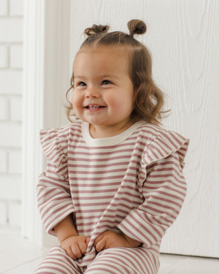 Quincy Mae Ruffle Cozy Set in Mulberry Stripe, a soft and stylish outfit set for children featuring ruffle details and cozy fabric.