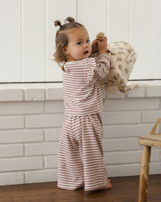 Quincy Mae Ruffle Cozy Set in Mulberry Stripe, a soft and stylish baby outfit with ruffle details for comfortable wear.