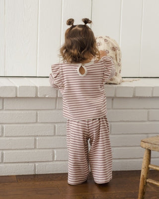 Quincy Mae ruffle cozy outfit set in mulberry stripe for babies, featuring soft fabric and ruffle details.