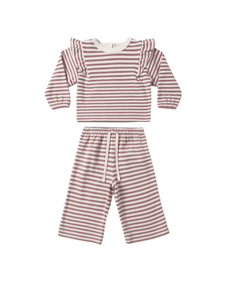 Quincy Mae Ruffle Cozy Set in Mulberry Stripe for babies, featuring a ruffled top and matching pants in soft, comfortable fabric.