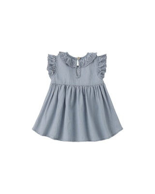 Quincy Mae Sophie Dress - Chambray
Blue dress with ruffled collar on a white background