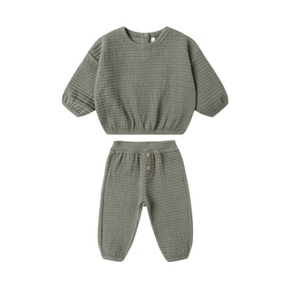 Quincy Mae Textured Sweat Set - Forest
Green checkered outfit with top and pants on a white background