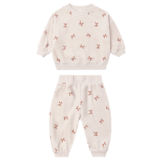 Quincy Mae red velour sweatshirt and relaxed sweatpants set with bows, cozy and stylish outfit for kids.