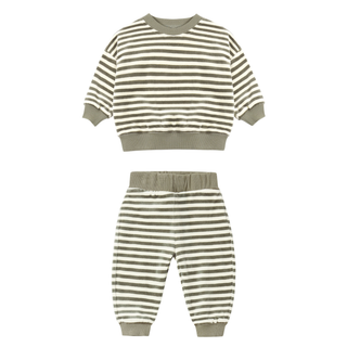 Quincy Mae velour relaxed sweatshirt and sweatpants set in spruce stripe, cozy outfit set for children with soft velour fabric.
