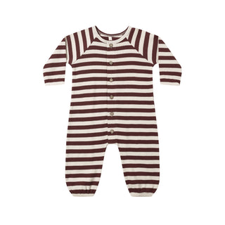 Quincy Mae Waffle Long Sleeve Jumpsuit - Black Cherry Stripe 
A baby long-sleeve footless one-piece sleeper with horizontal dark brown and cream stripes, featuring a snap-button front closure.