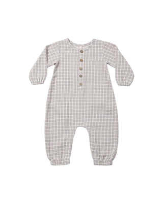 Quincy Mae blue gingham woven jumpsuit, one-piece romper for children, with straps and a relaxed fit.