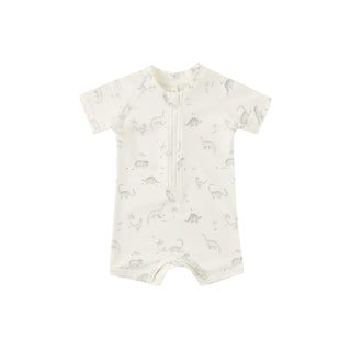 Quincy Mae Zip Rashguard One-Piece - Dinosaur
Baby romper with animal pattern on a white background