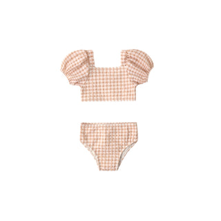 Quincy Mae Zippy Two Piece - Melon Check
Two-piece swimsuit with puff sleeves on a white background