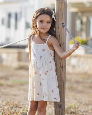 Rylee & Cru Lea Dress in Lobster color, showcasing a playful children's dress with a lobster print, displayed on a child model.