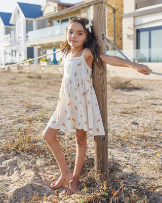 Rylee & Cru Lea Dress in lobster color, toddler girl’s dress with ruffled sleeves and playful lobster print, perfect for summer wear.